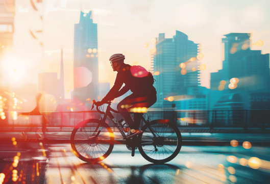 Mann fährt auf einem modernen Fahrrad in einer Stadt, futuristische Aufmachung des Bildes