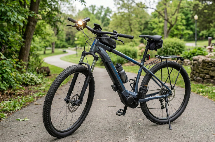 Ein E-Bike mit viel Zubehör ausgestattet steht in einem Park