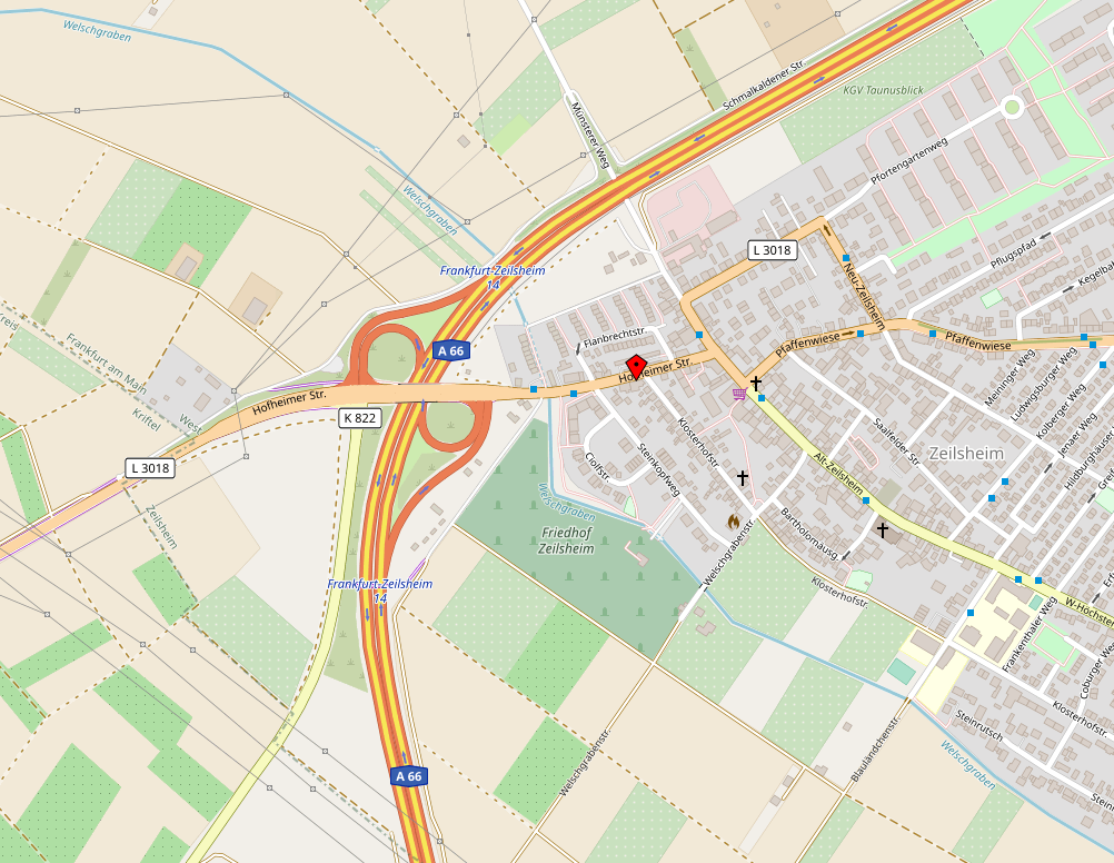 Karte mit Pin Radsporthaus Kriegelstein - Fahrradladen Fahrrad e Bike Frankfurt Zeilsheim Hofheim MTK